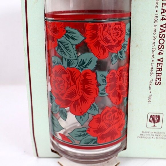 Vintage Crisa Red Roses Green Leaves Tumblers Set Of 4 16 OZ NEW - Picture 6 of 7